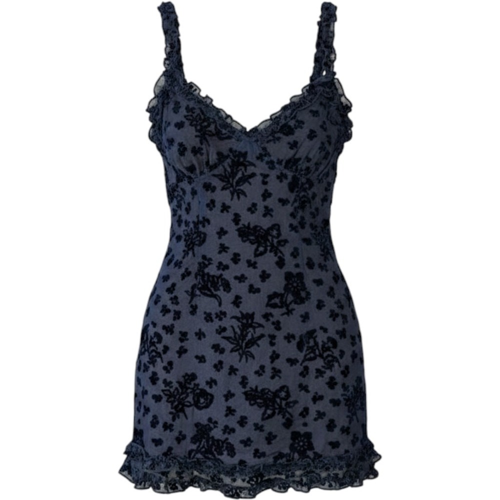 Realisation Par The Roxy Devore Black Velvet Floral Ruffle Mini Dress XS